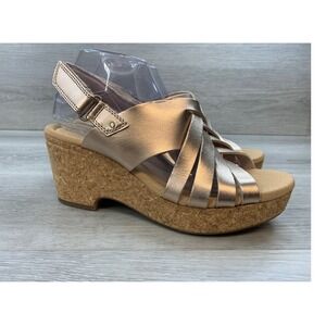 Clarks Giselle Glow Women's Sandals  Rose Gold Metallic Leather Wedge Shoes